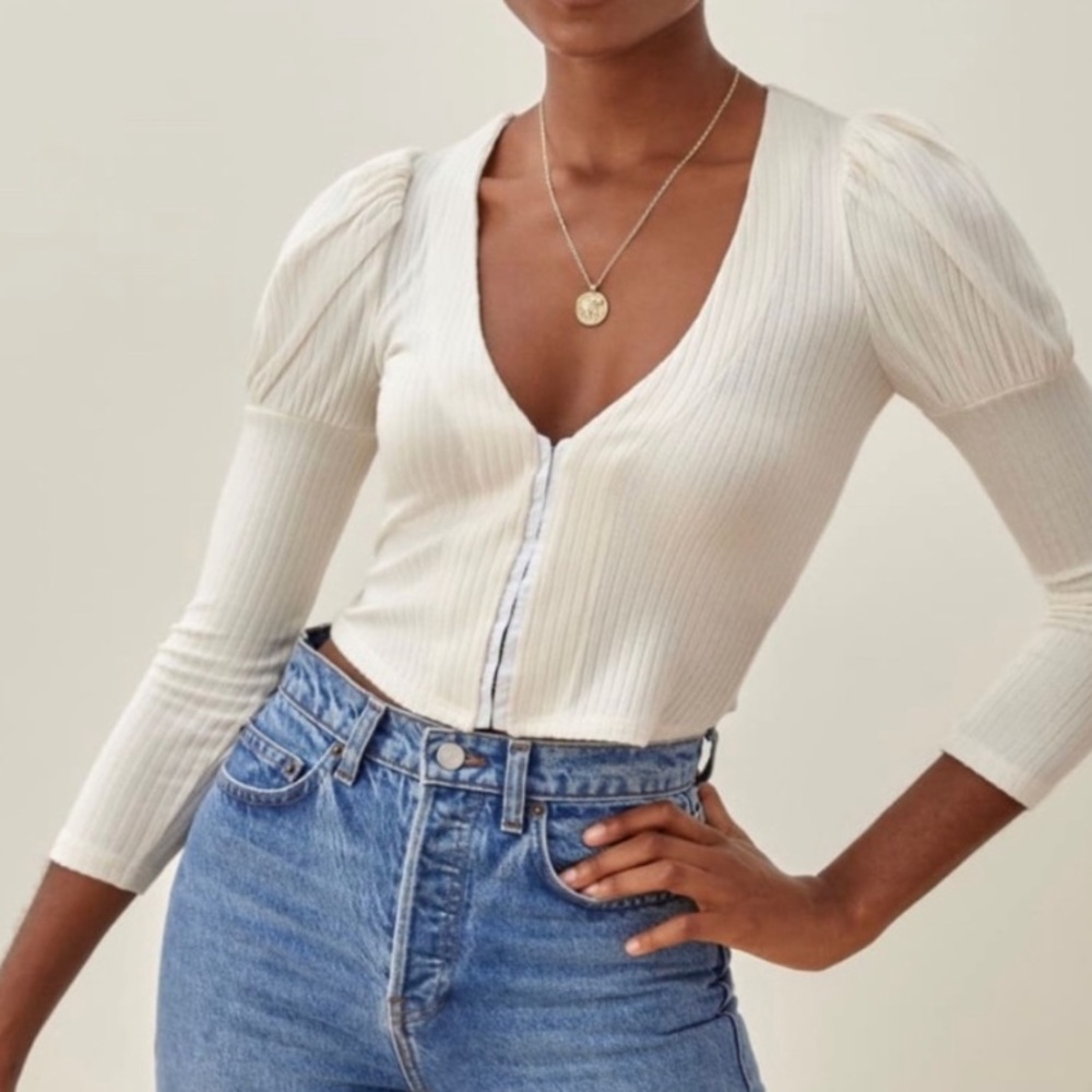Reformation Einkorn Ribbed Puff Long Sleeve Top